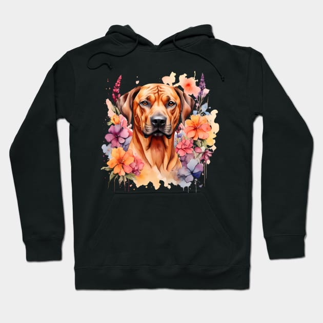 A rhodesian ridgeback decorated with beautiful watercolor flowers Hoodie by CreativeSparkzz